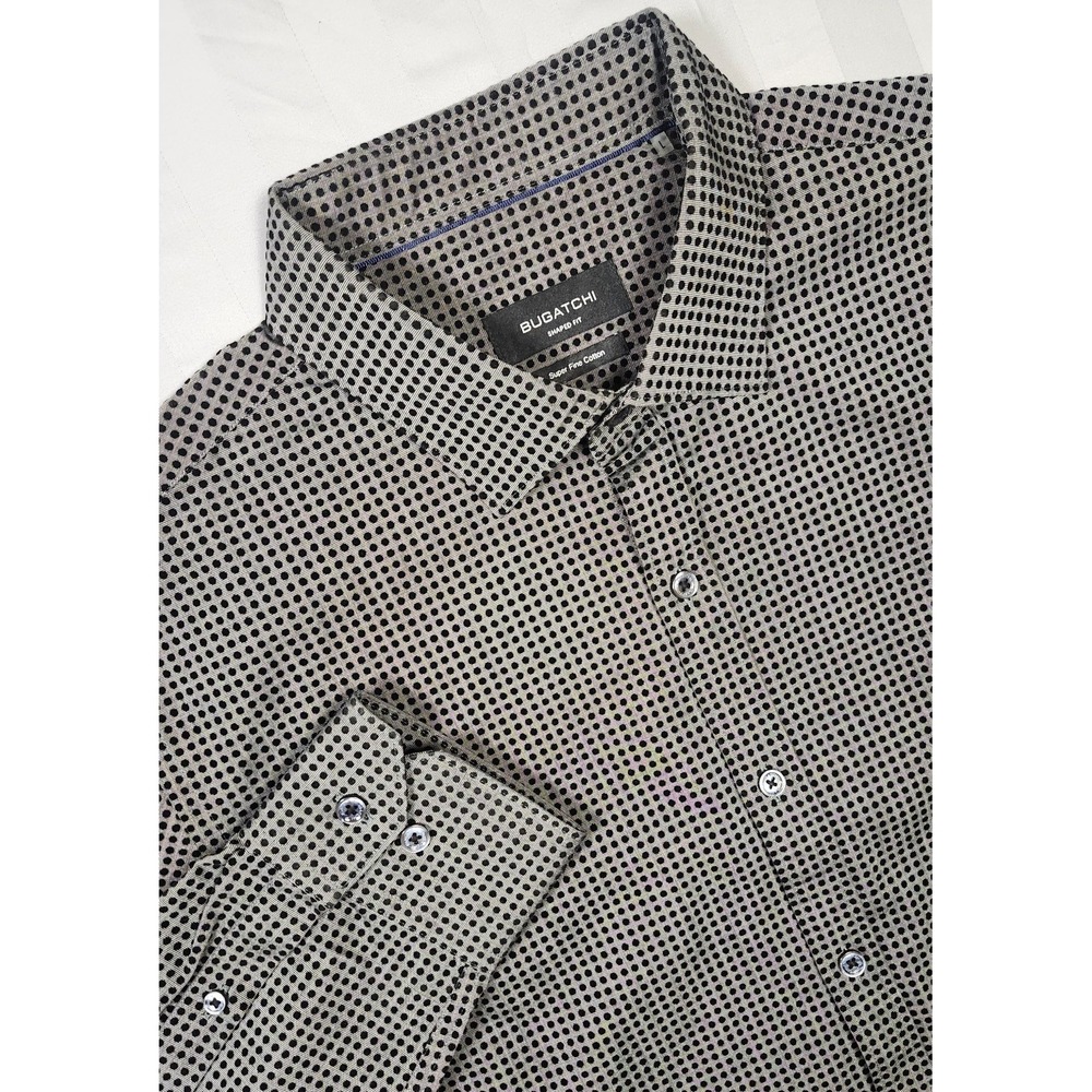 Bugatchi Shirt Mens Small Black Polka Dot Long Sleeve Shaped Fit Button Up 0007